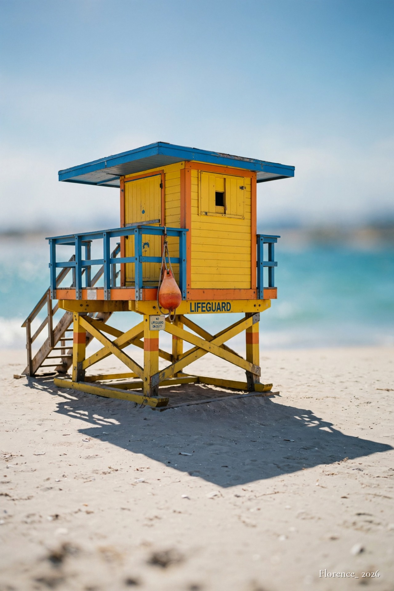 A yellow lifeguard tower with blue and orange trim stands on pale sand, sharp against a blurred turquoise sea and pale blue sky. An orange buoy hangs from the rail, the word LIFEGUARD is painted on the beam, and a small sign reads no lifeguard on duty. The tower casts a hard shadow across the sand.